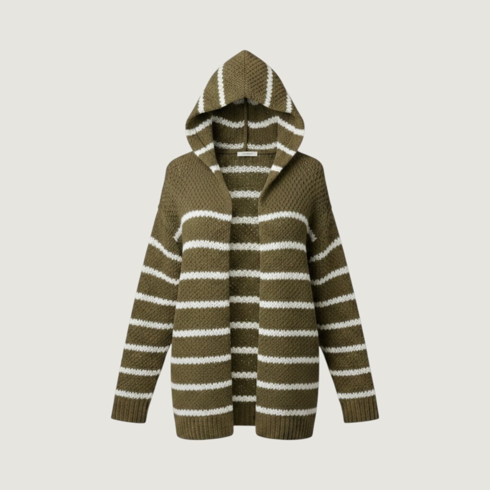 Rewind Olive‎ Green White Striped Hooded Open Front Cardigan Sweater Large